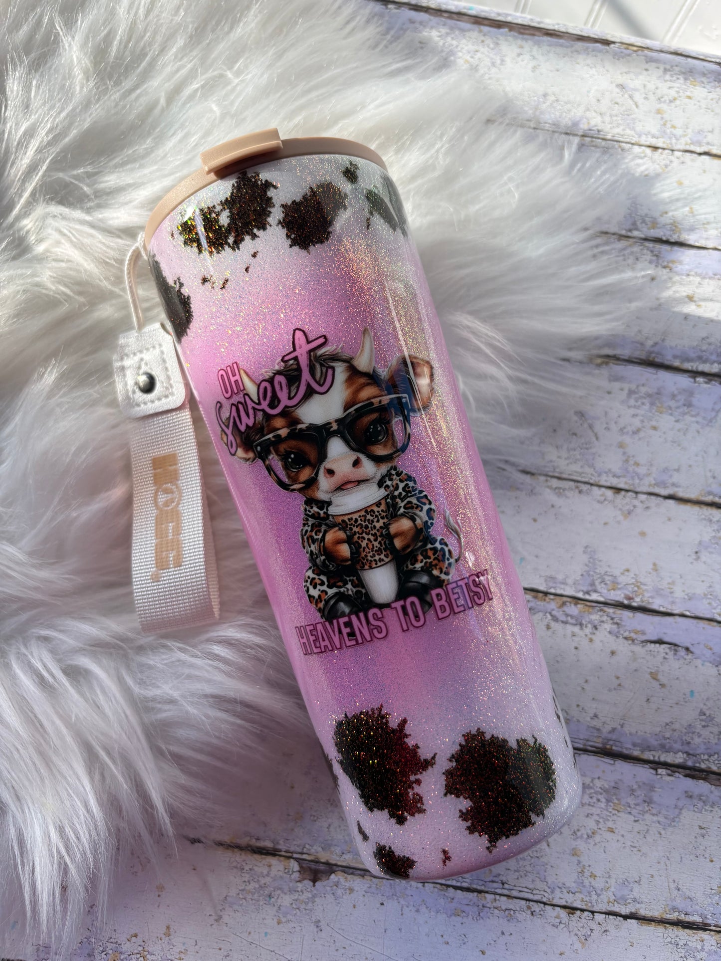 Pink Cow Print Glitter Coffee Tumbler – 20 oz