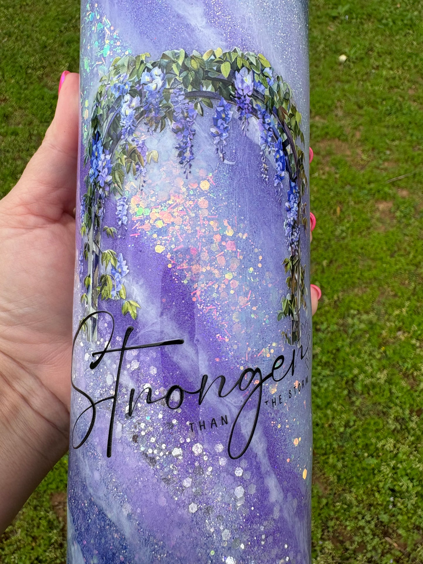 💜✨ 30 oz “Stronger Than the Storm” Wisteria Arch Milky Way Skinny Straight Tumbler ✨💜