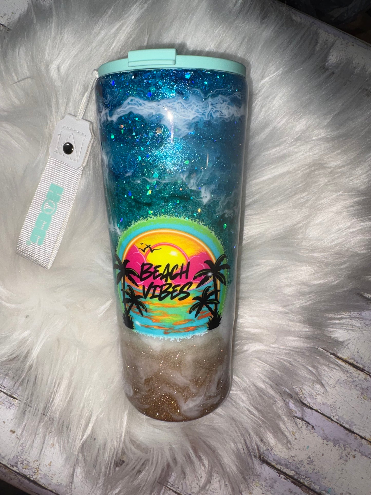 Beach Vibes Glitter Tumbler – 20 oz Coffee Cup