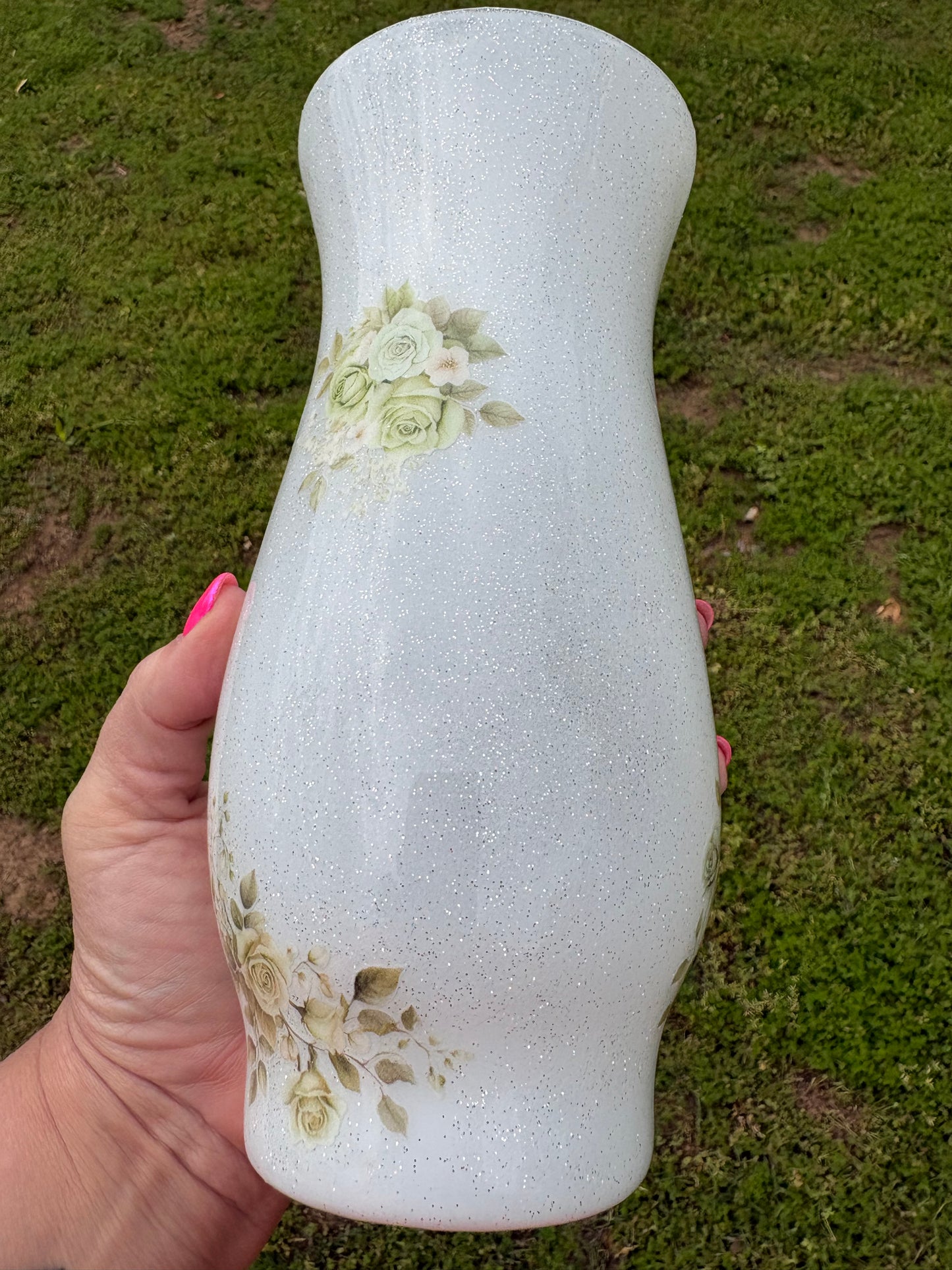 One of a Kind Handmade White Shimmer Vintage Rose Decorative Vase – Floral Home Decor