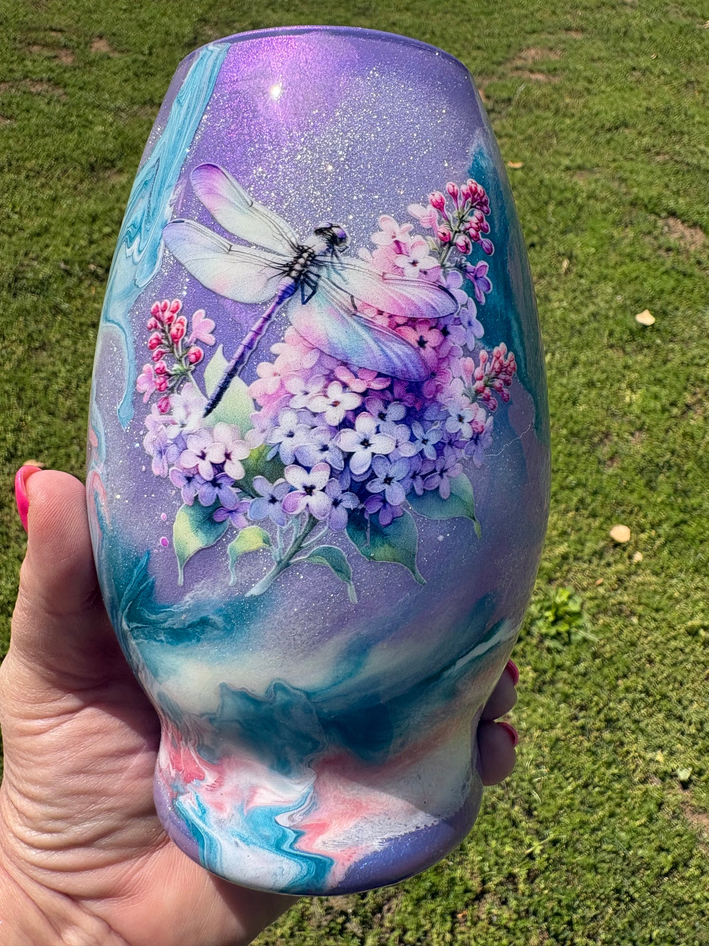 One of a Kind Handmade Decorative Vase – Lavender Dragonfly Floral Statement Piece