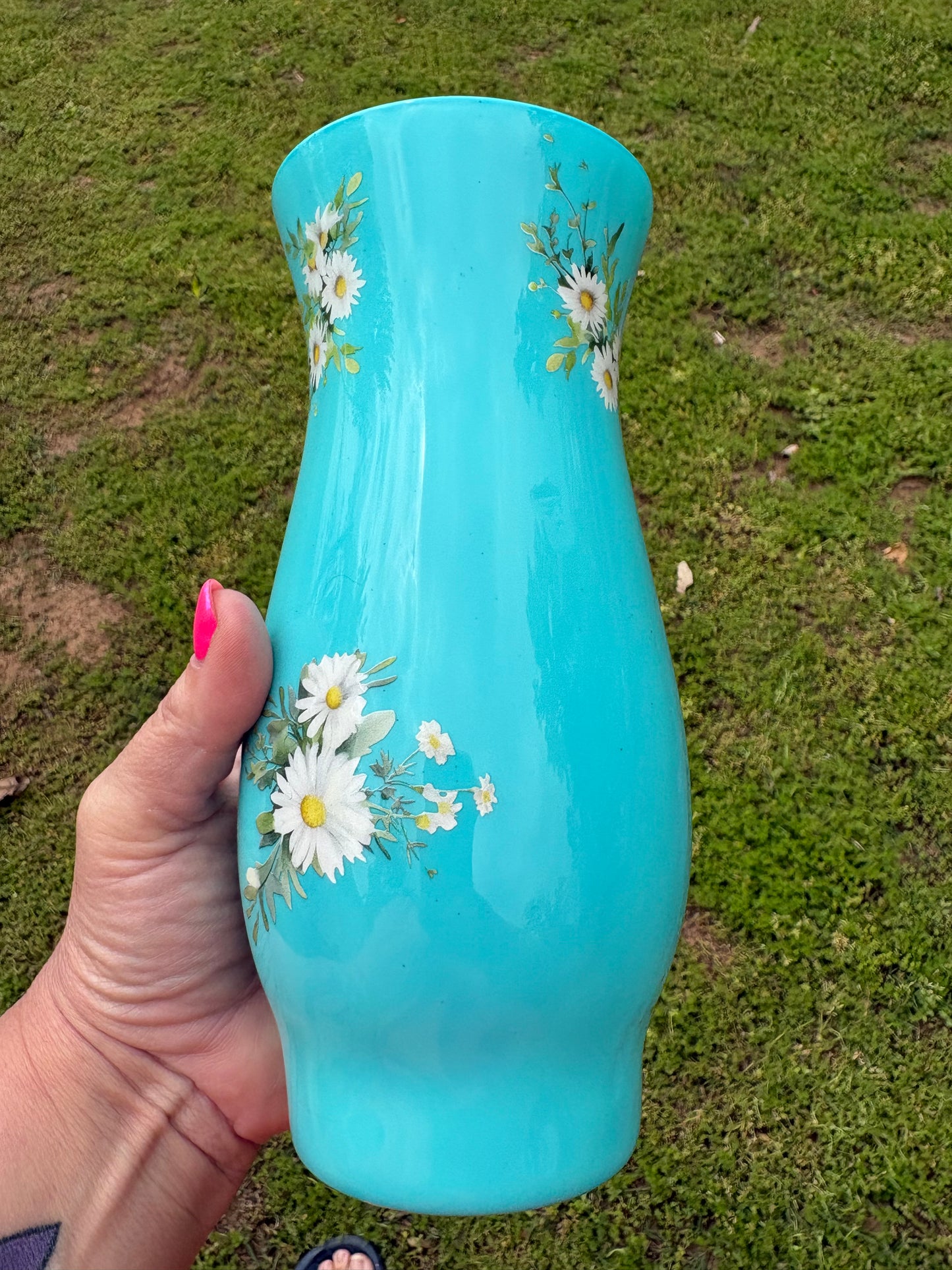 One of a Kind Handmade Teal Daisy Decorative Vase – Floral Home Decor