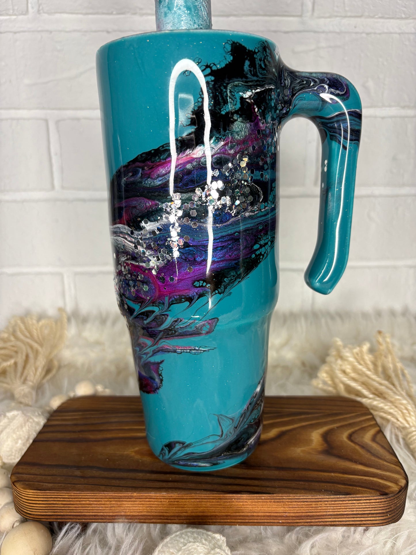 30 oz Teal Marble Tumbler with Handle – Hand Poured Epoxy Grippy Cup – Galaxy Swirl Floral Crescent – One of a Kind Statement Drinkware