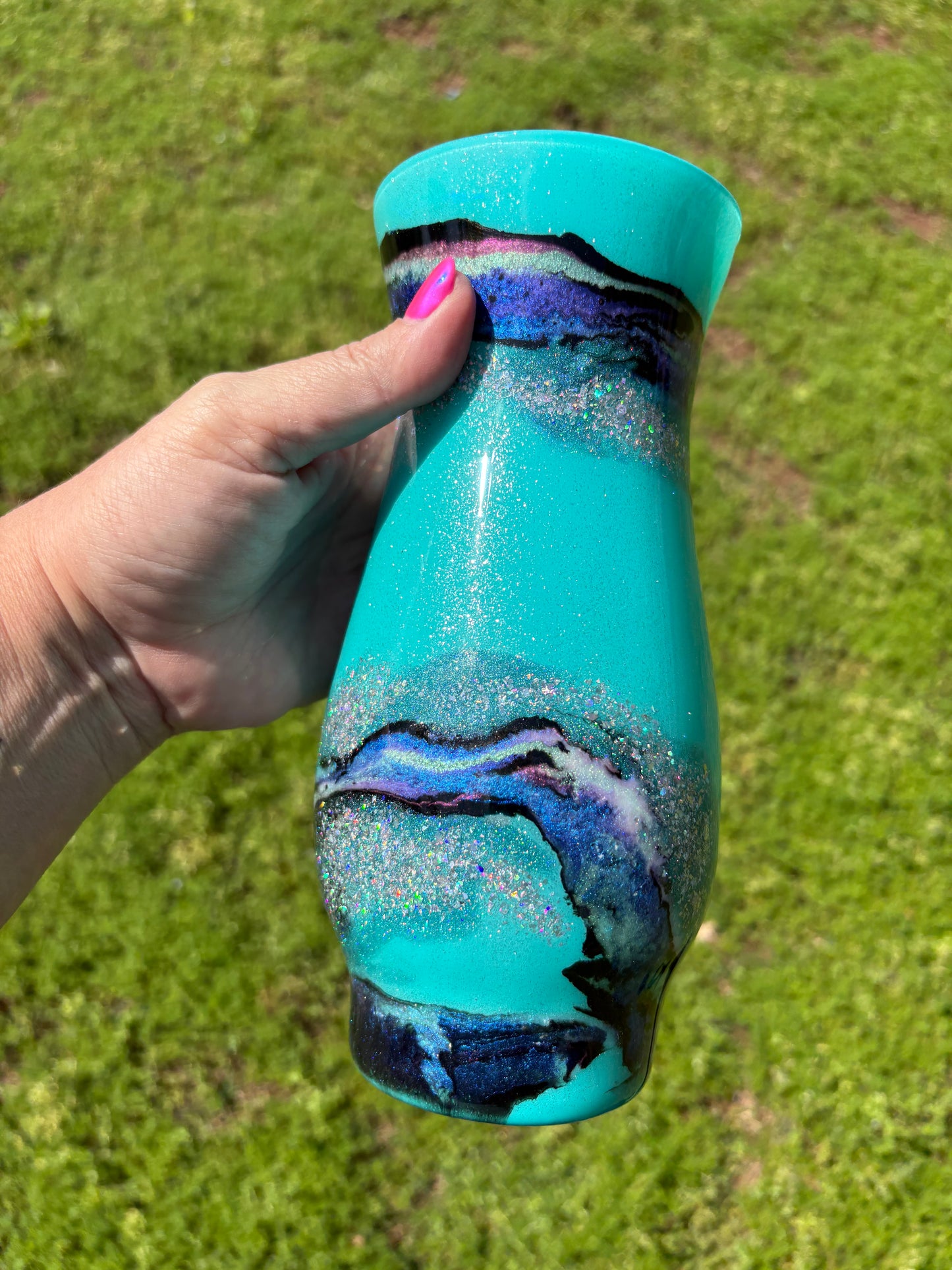 Stunning Handmade Decorative Vase – One of a Kind Teal Shimmer Design