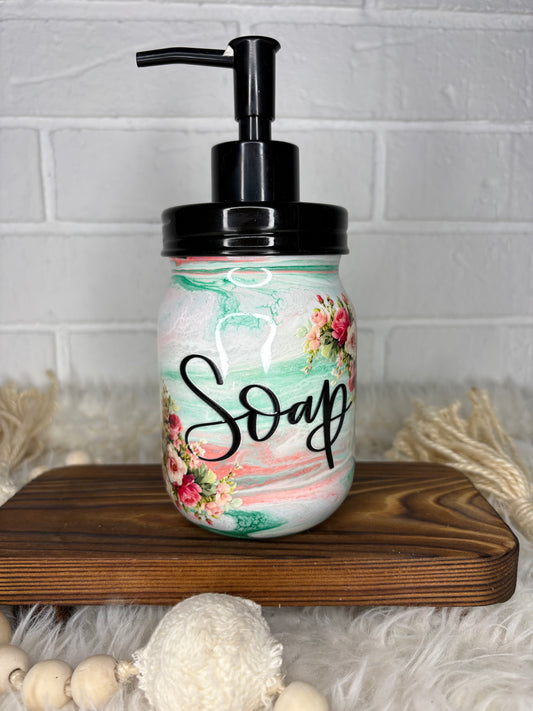 Floral Glass Soap Dispenser | Epoxy Sealed Mason Jar Pump | Pink Mint Cottage Kitchen Decor | Handmade Bathroom Accessory
