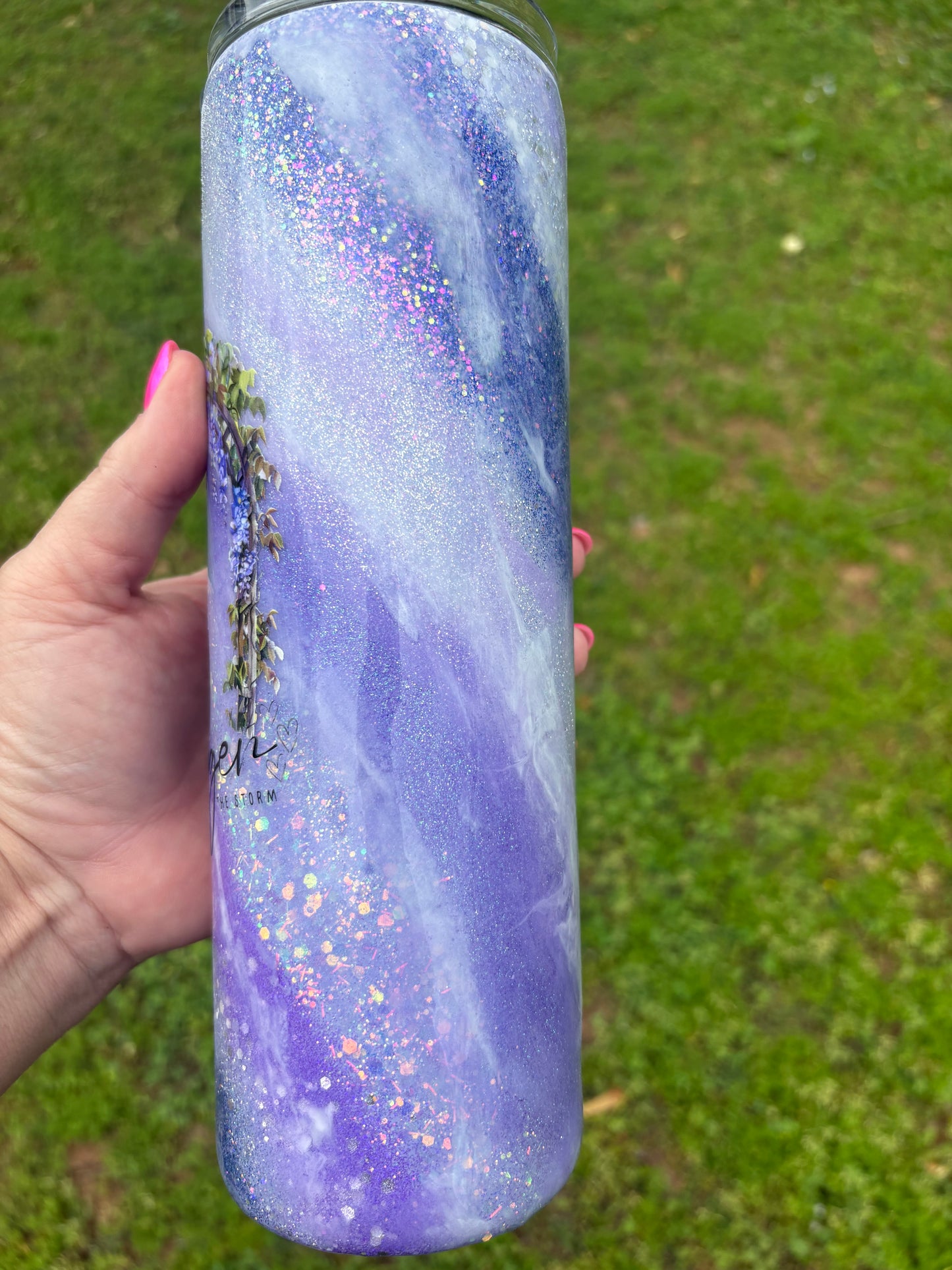 💜✨ 30 oz “Stronger Than the Storm” Wisteria Arch Milky Way Skinny Straight Tumbler ✨💜