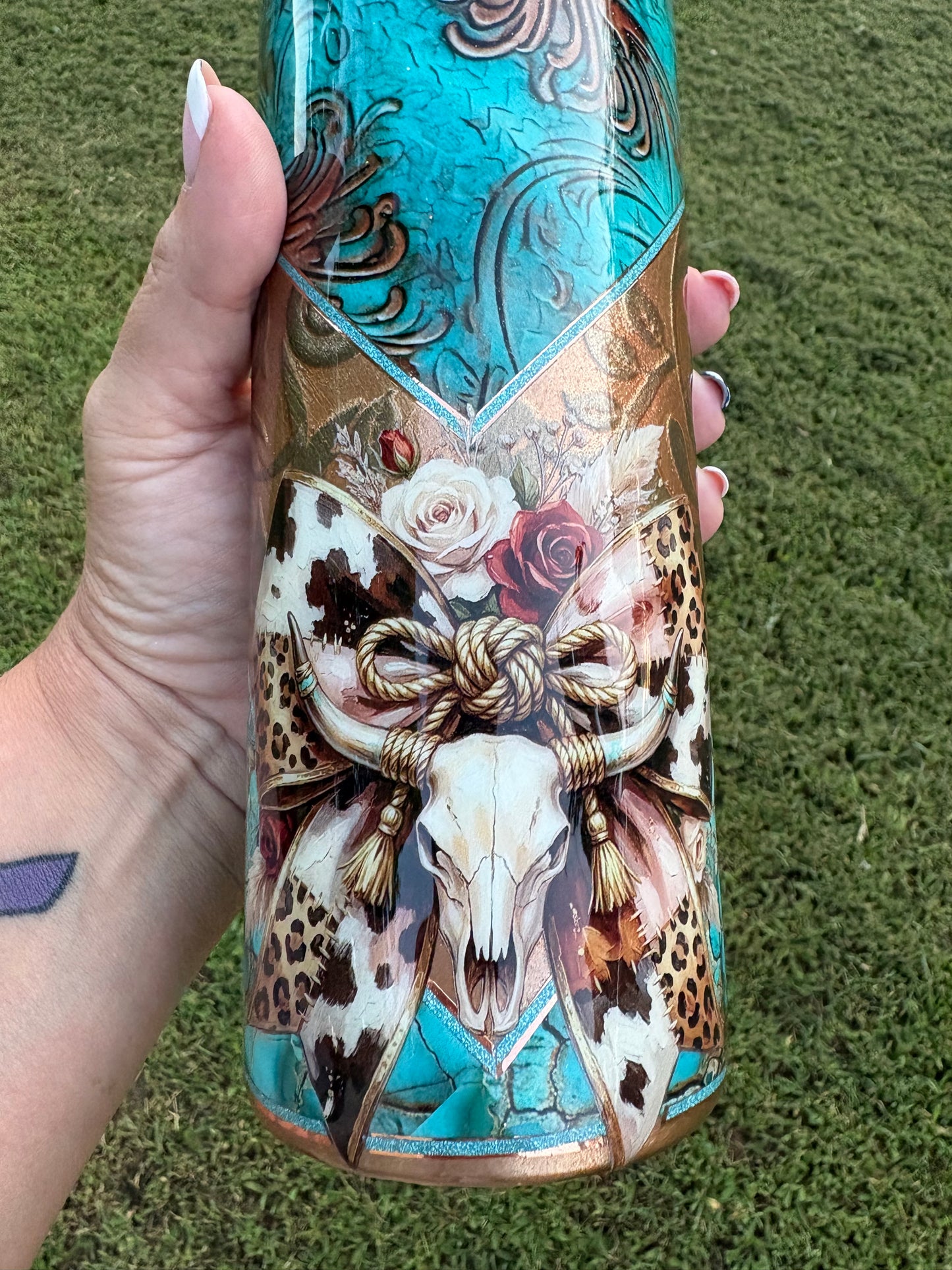 Western Floral Cow Skull Skinny Tumbler | Handmade Turquoise & Bronze Tumbler