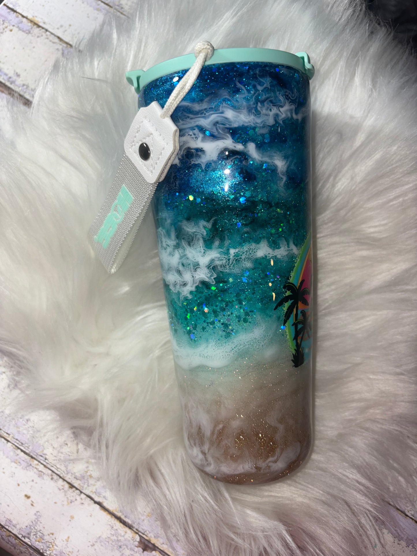 Beach Vibes Glitter Tumbler – 20 oz Coffee Cup
