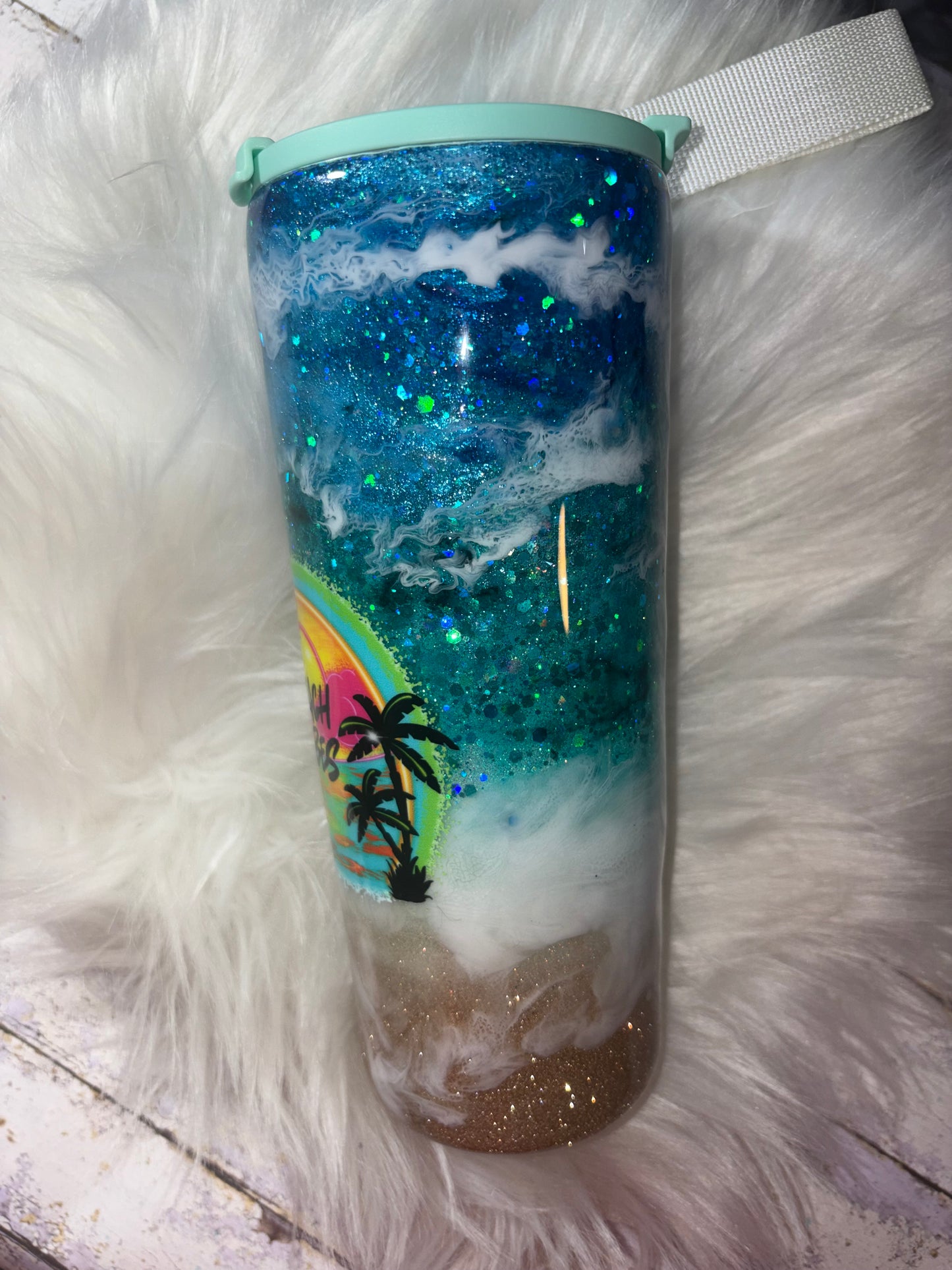 Beach Vibes Glitter Tumbler – 20 oz Coffee Cup