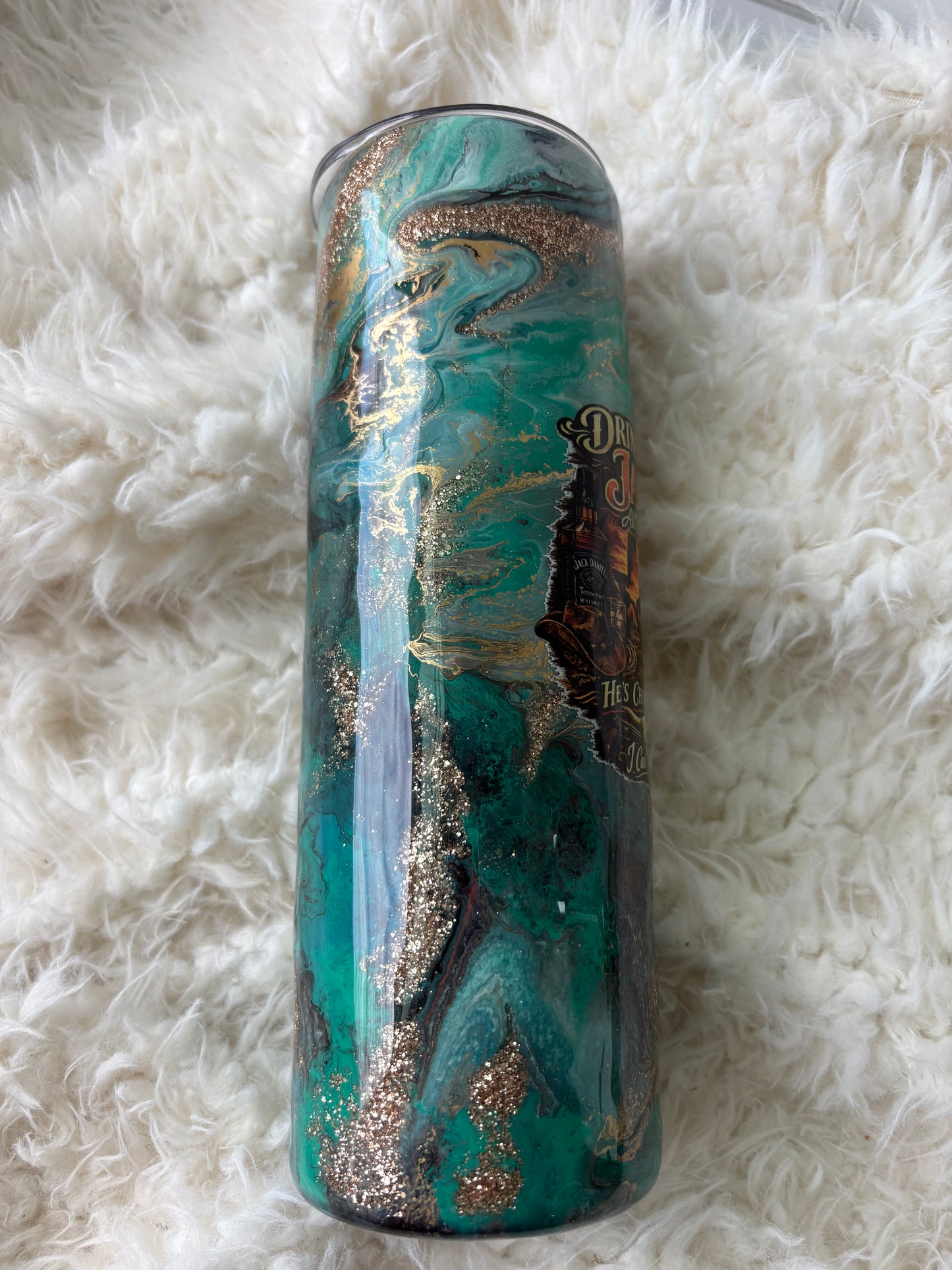 Drinkin’ Jack Western Tumbler – 30 oz Skinny | Teal, Black & Gold Marble Epoxy Cup