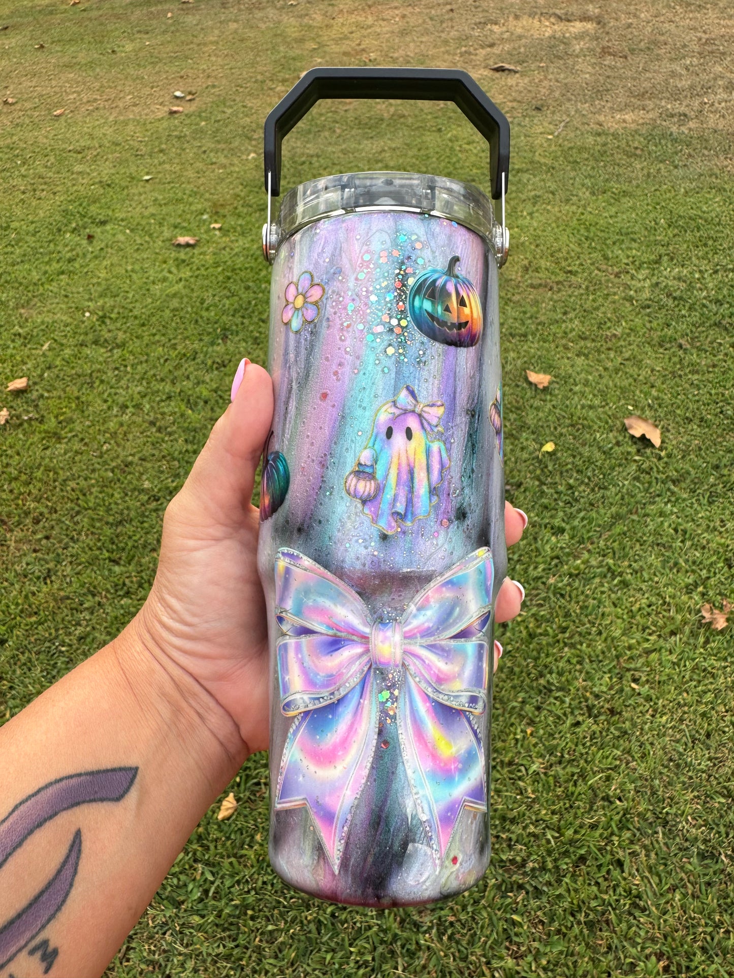 Pastel Rainbow Ghost Witch Halloween Tumbler | Iridescent Glitter