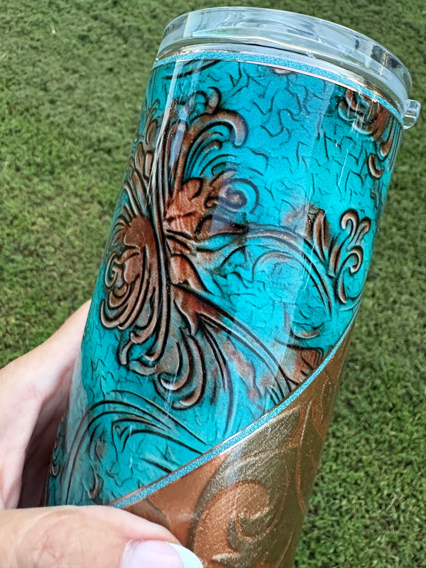 Western Floral Cow Skull Skinny Tumbler | Handmade Turquoise & Bronze Tumbler