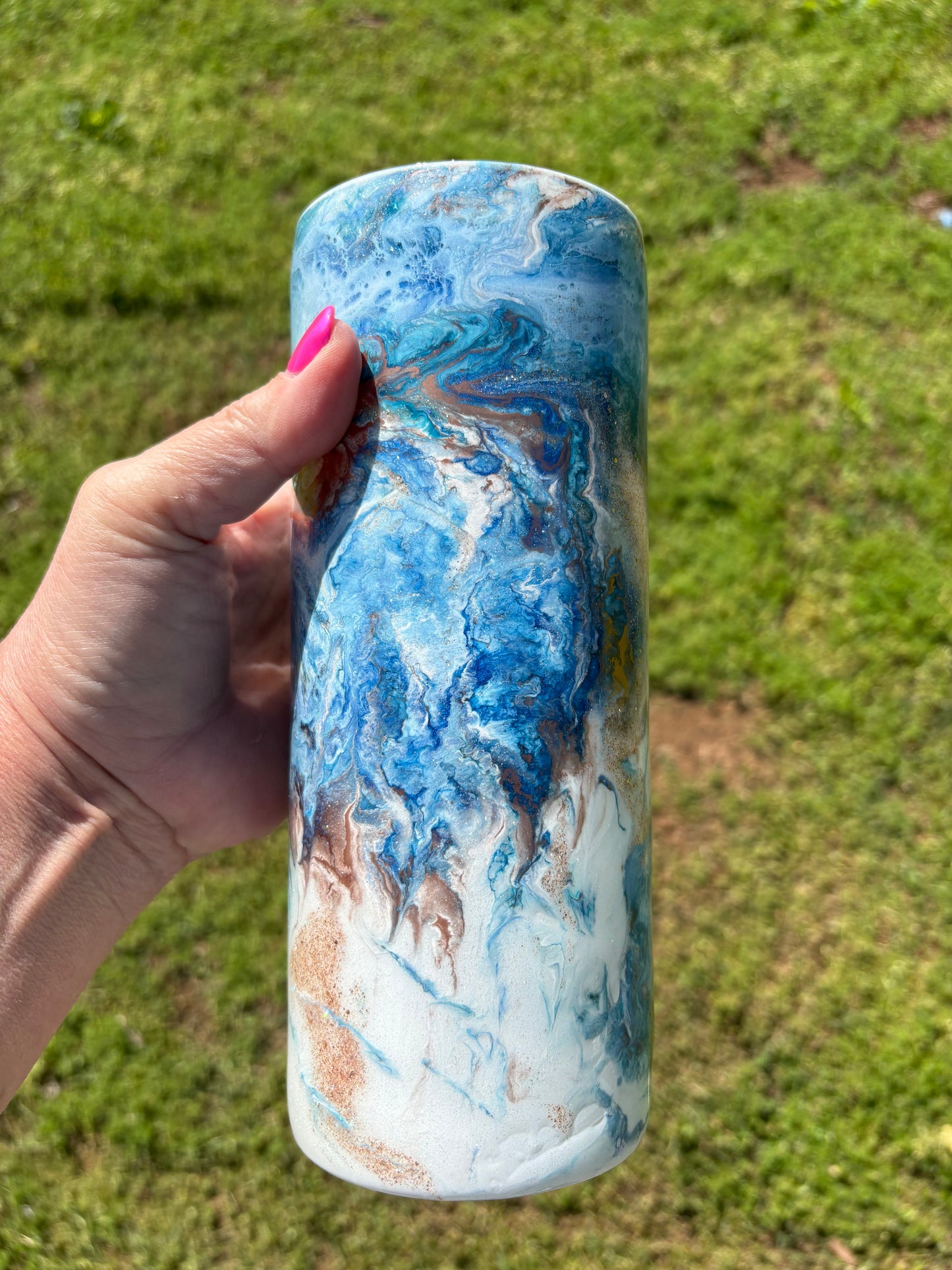 One of a Kind Handmade Decorative Vase – Ocean Inspired Blue & White Shimmer Design