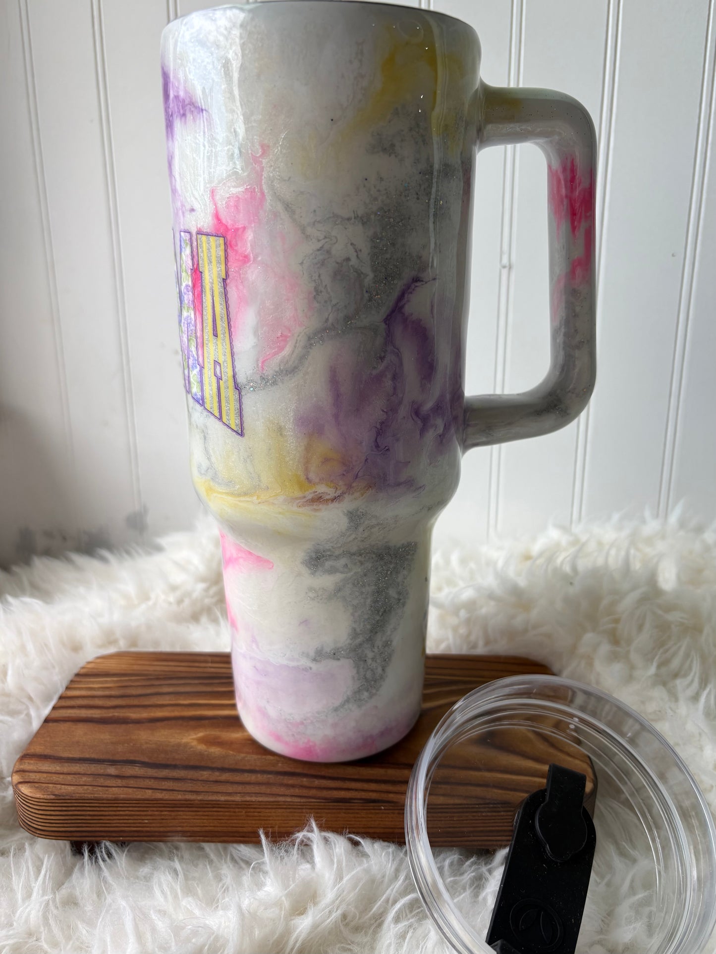 40 oz Handled Tumbler – Pastel Ink Swirl “Mama” Custom Cup