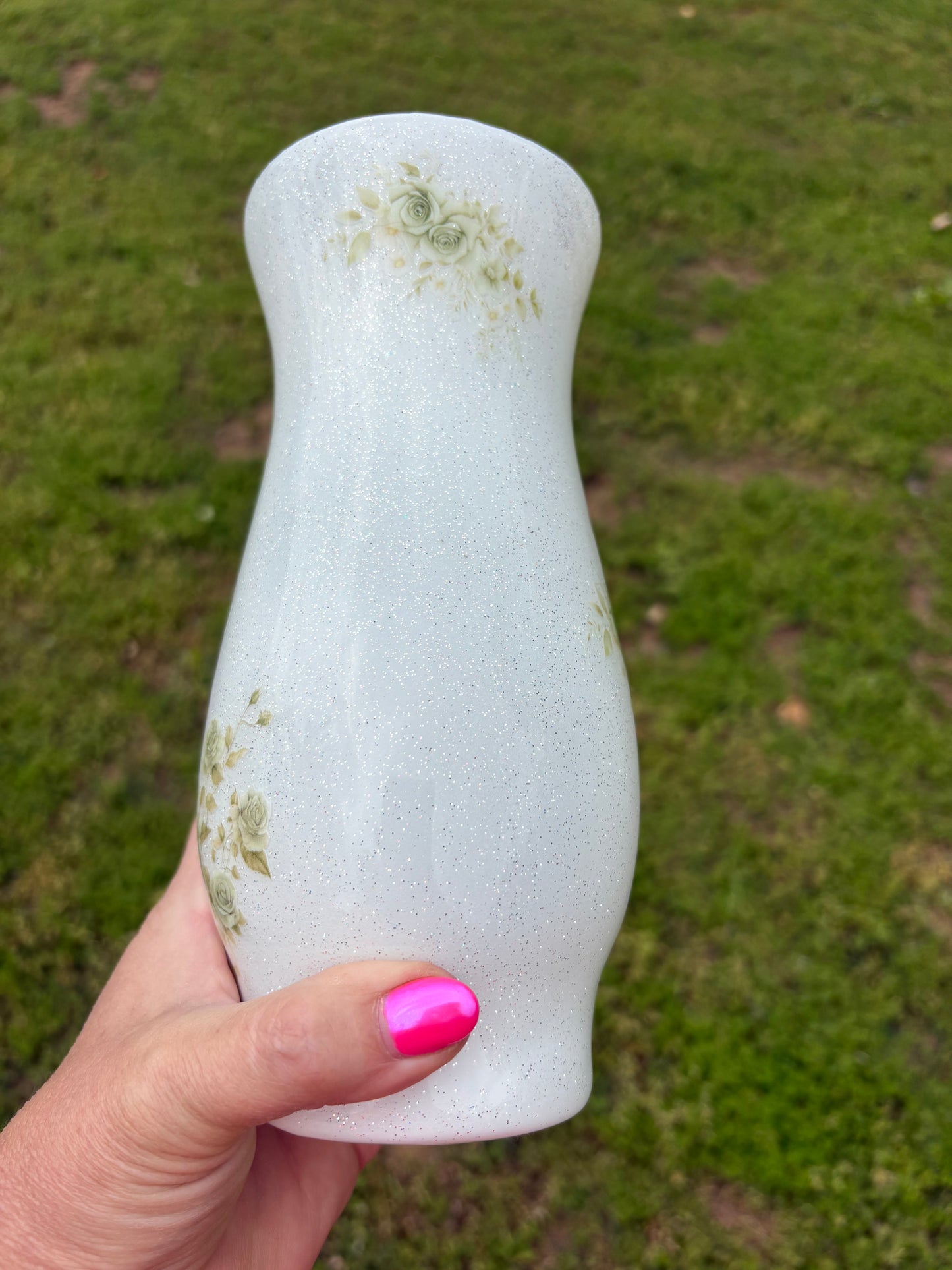 One of a Kind Handmade White Shimmer Vintage Rose Decorative Vase – Floral Home Decor