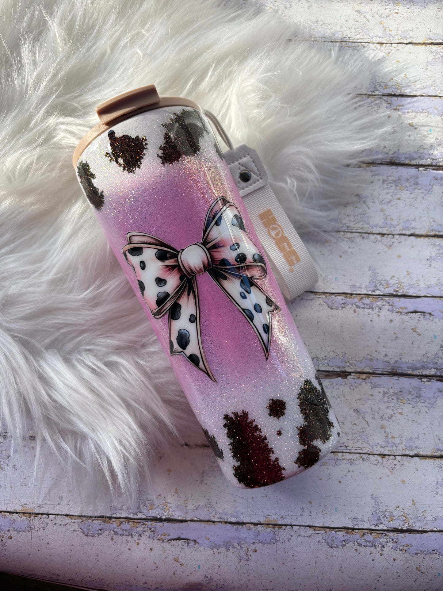 Pink Cow Print Glitter Coffee Tumbler – 20 oz