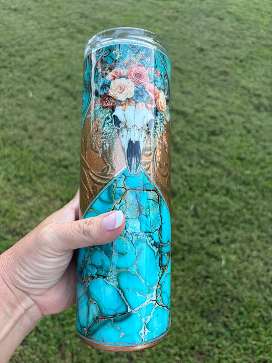Western Floral Cow Skull Skinny Tumbler | Handmade Turquoise & Bronze Tumbler