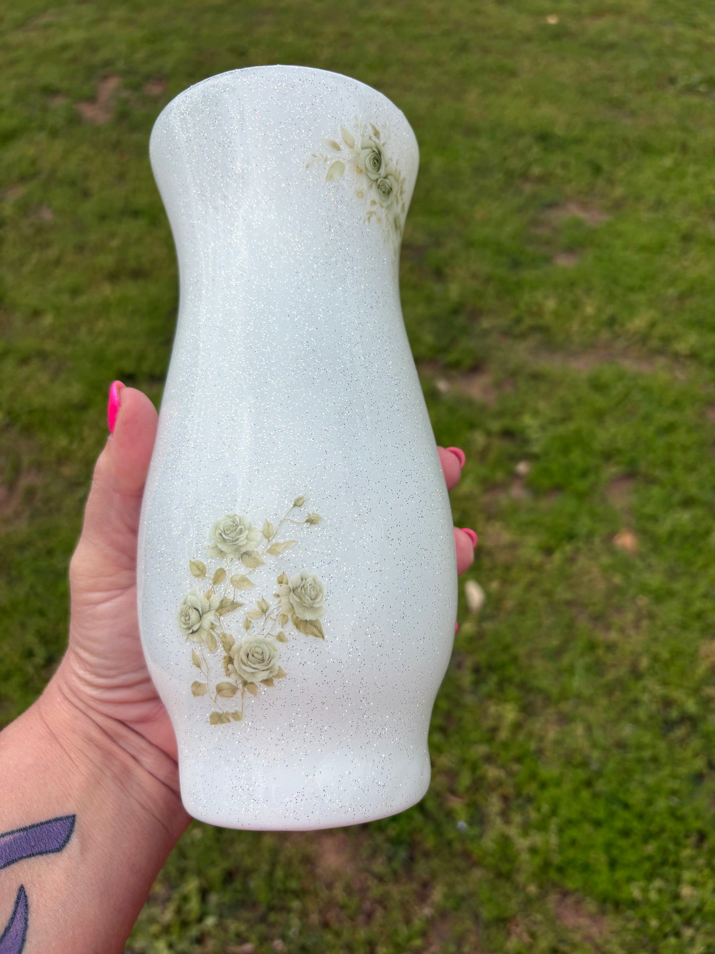 One of a Kind Handmade White Shimmer Vintage Rose Decorative Vase – Floral Home Decor