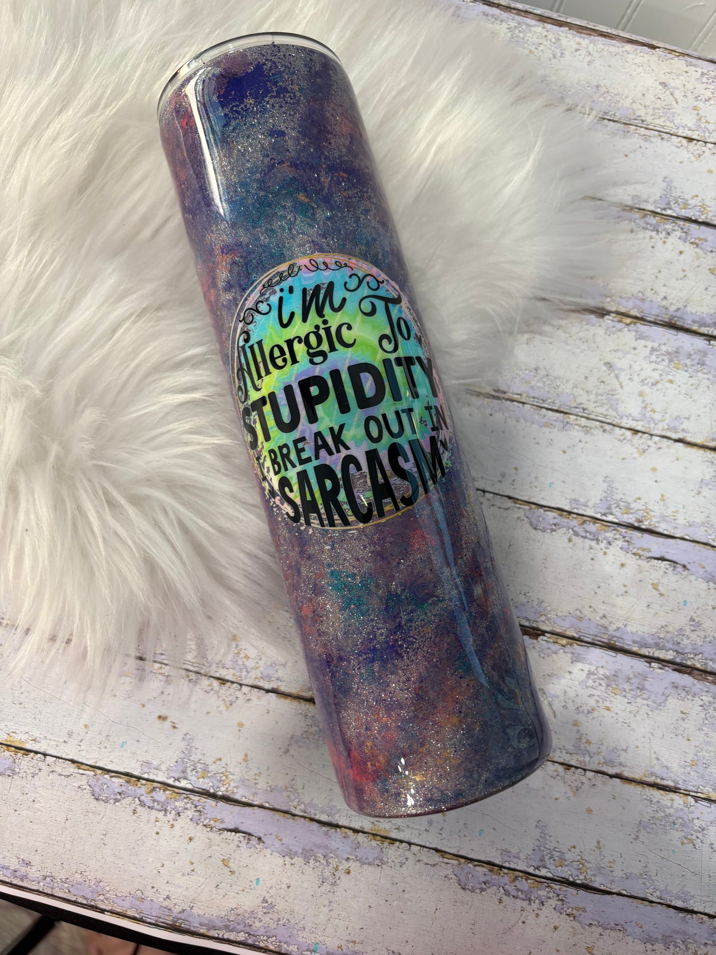 35 oz Mica Patina Sarcastic Tumbler – “Allergic to Stupidity” Handmade Glitter Cup
