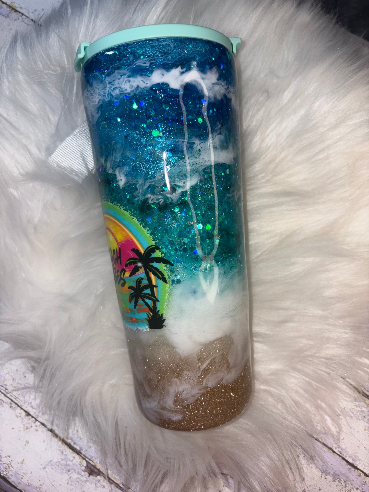 Beach Vibes Glitter Tumbler – 20 oz Coffee Cup