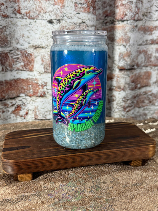 🌊🐬 “Splashin’ Around” Neon Dolphin 16 oz Beach Globe Tumbler 🐬🌊