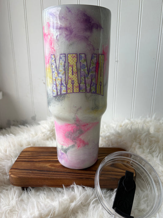 40 oz Handled Tumbler – Pastel Ink Swirl “Mama” Custom Cup