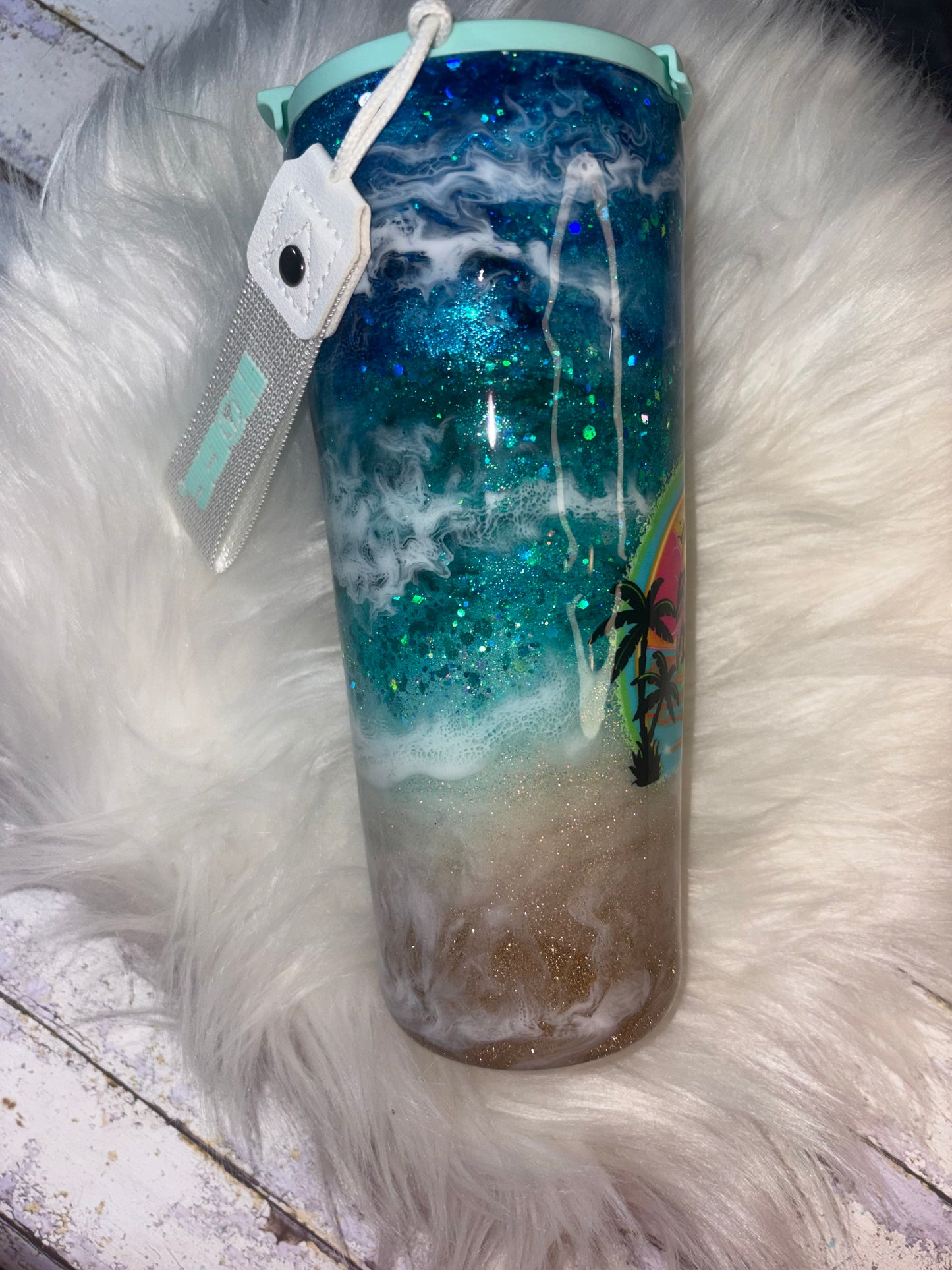 Beach Vibes Glitter Tumbler – 20 oz Coffee Cup