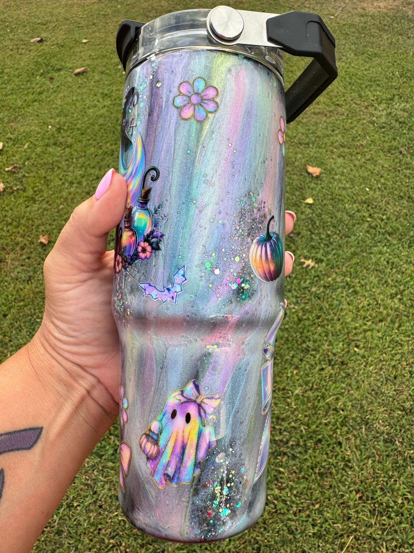 Pastel Rainbow Ghost Witch Halloween Tumbler | Iridescent Glitter