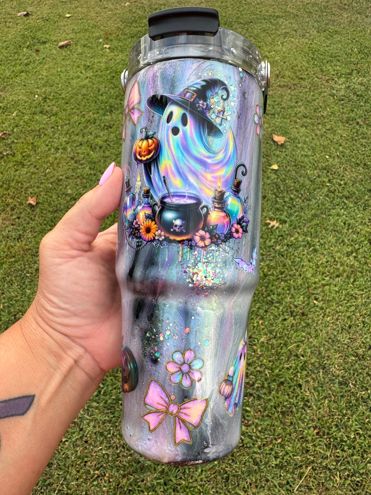 Pastel Rainbow Ghost Witch Halloween Tumbler | Iridescent Glitter