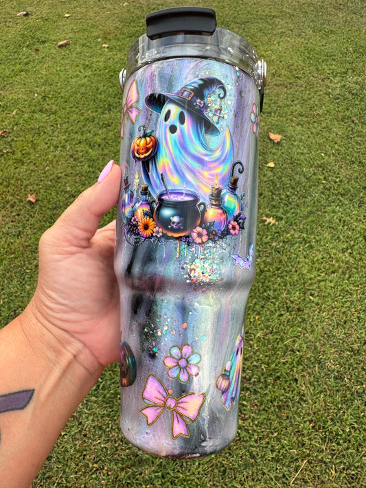 Pastel Rainbow Ghost Witch Halloween Tumbler | Iridescent Glitter