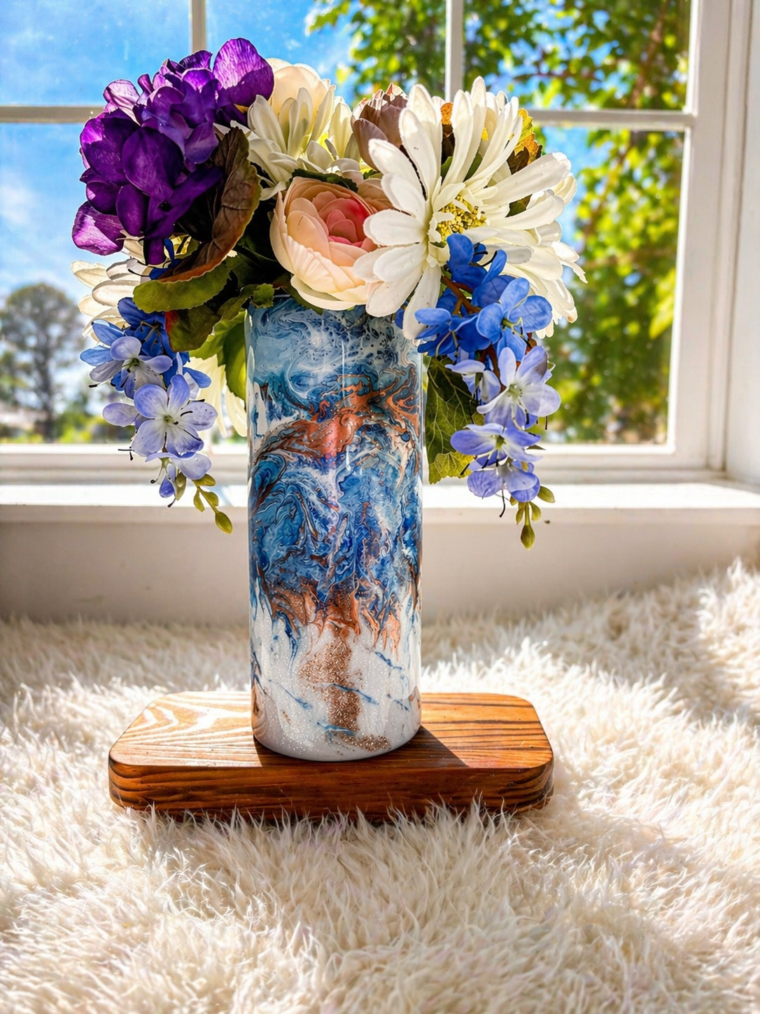 One of a Kind Handmade Decorative Vase – Ocean Inspired Blue & White Shimmer Design