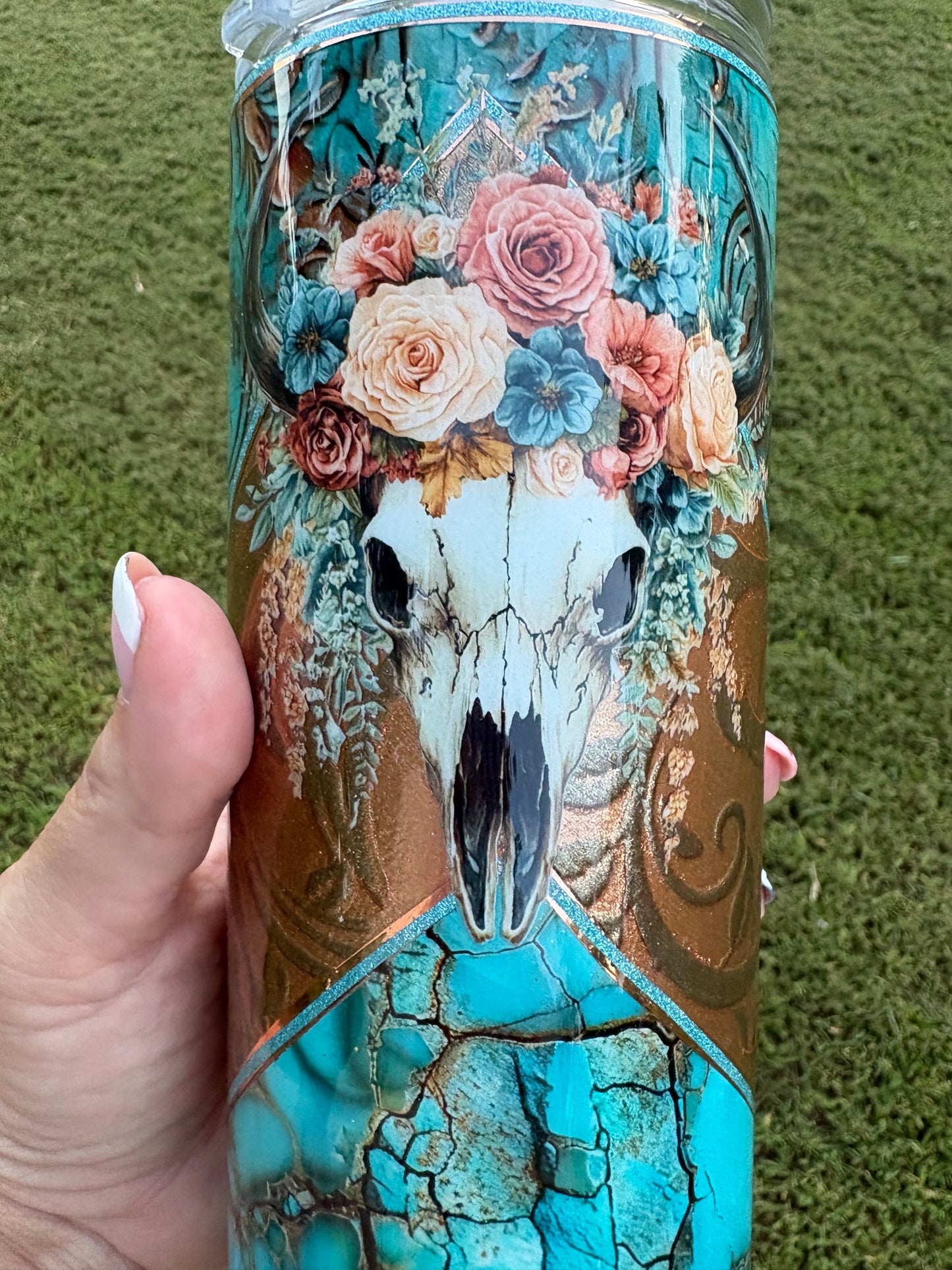 Western Floral Cow Skull Skinny Tumbler | Handmade Turquoise & Bronze Tumbler