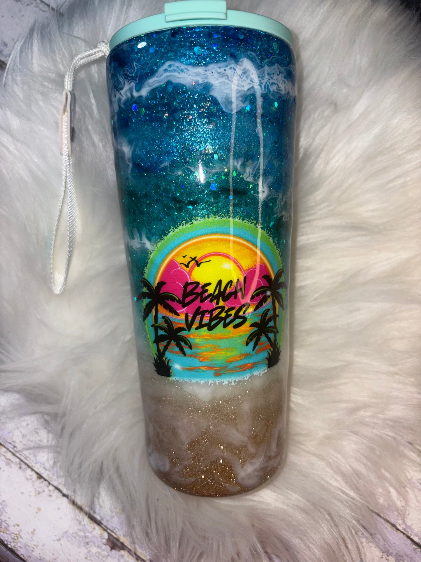 Beach Vibes Glitter Tumbler – 20 oz Coffee Cup