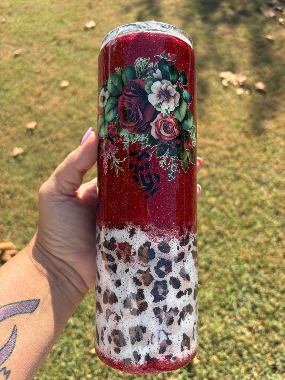 By His Grace Elegant Red Glitter & Leopard Tumbler