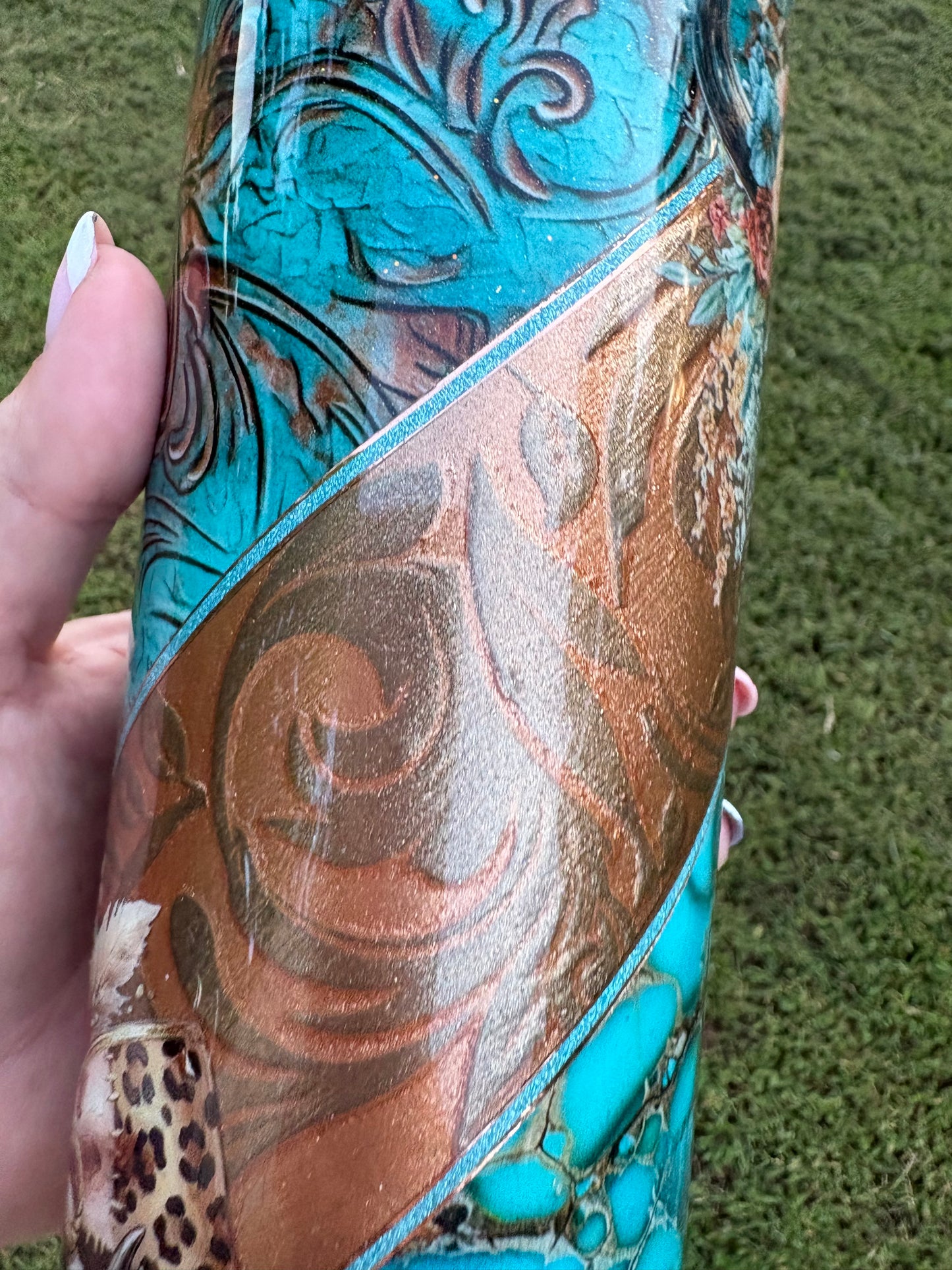 Western Floral Cow Skull Skinny Tumbler | Handmade Turquoise & Bronze Tumbler