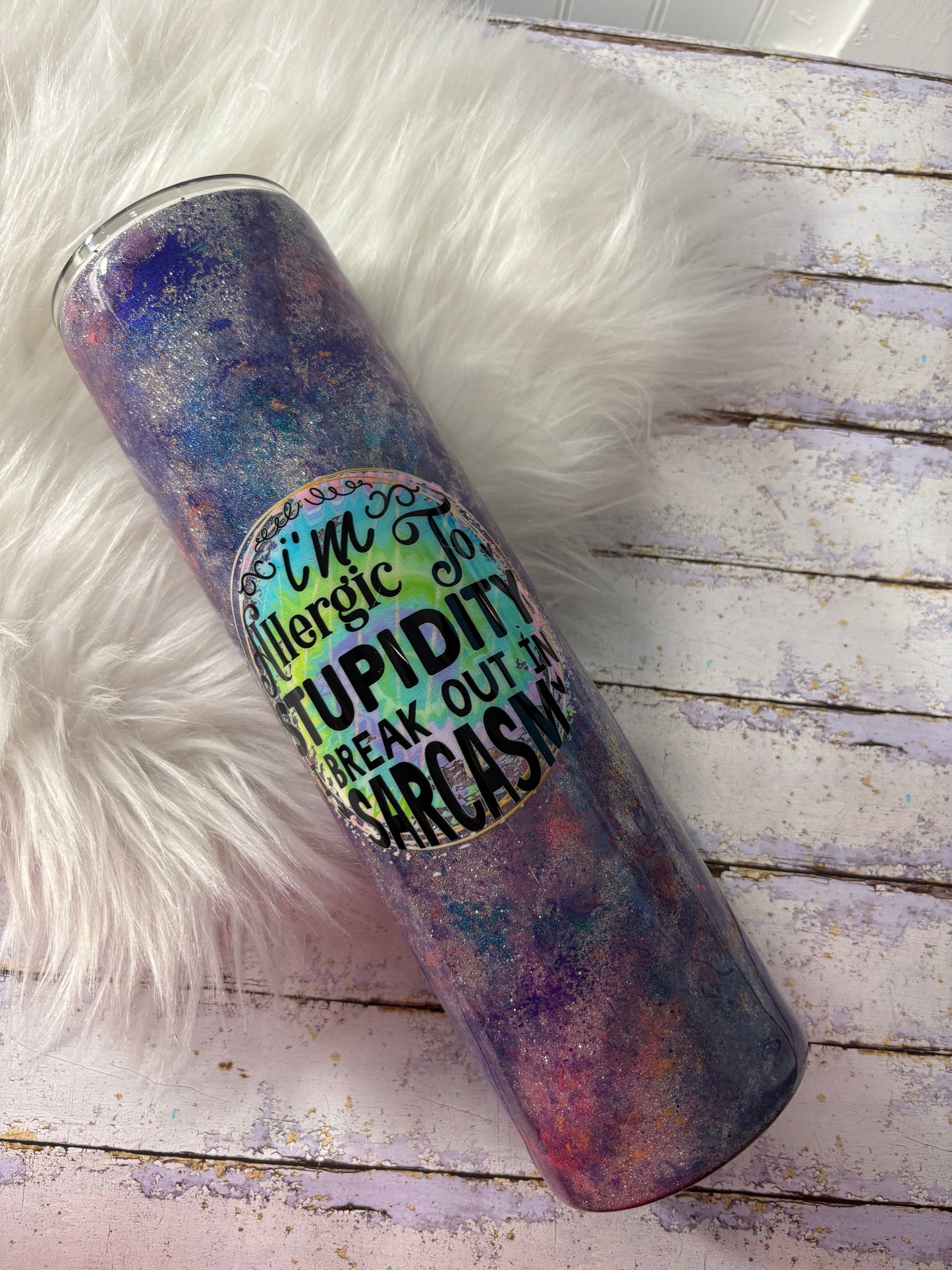 35 oz Mica Patina Sarcastic Tumbler – “Allergic to Stupidity” Handmade Glitter Cup