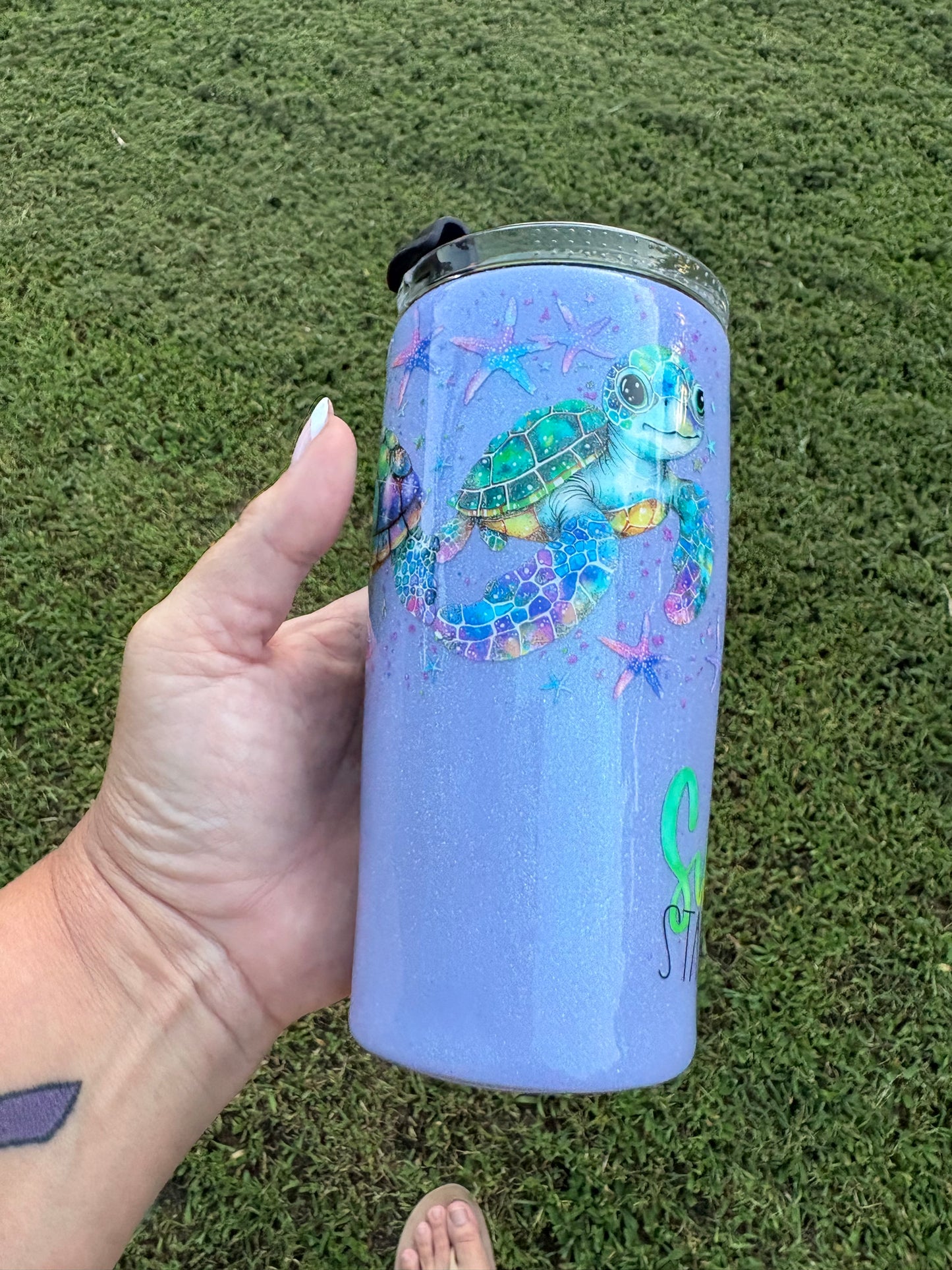 Sun, Sand & State of Mind Sea Turtle Skinny Tumbler | Handmade Beach Tumbler