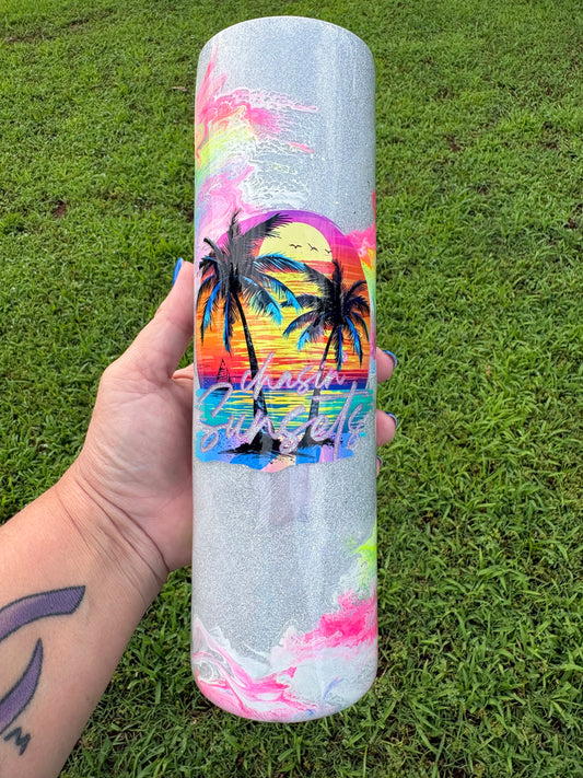 35 oz Tropical Sunset & Rainbow Hibiscus Skinny Tumbler
