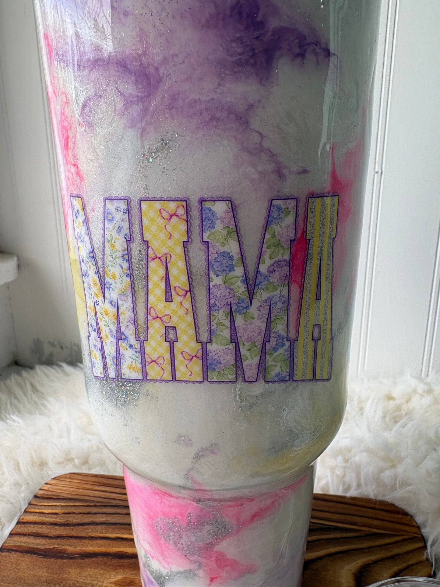 40 oz Handled Tumbler – Pastel Ink Swirl “Mama” Custom Cup