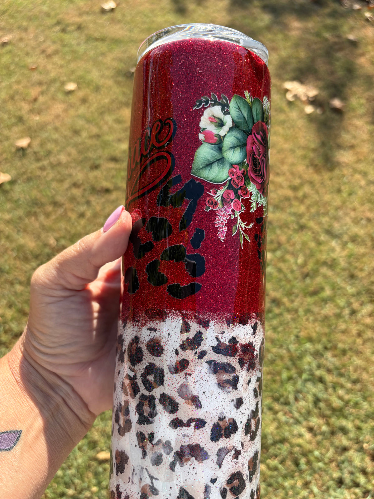 By His Grace Elegant Red Glitter & Leopard Tumbler