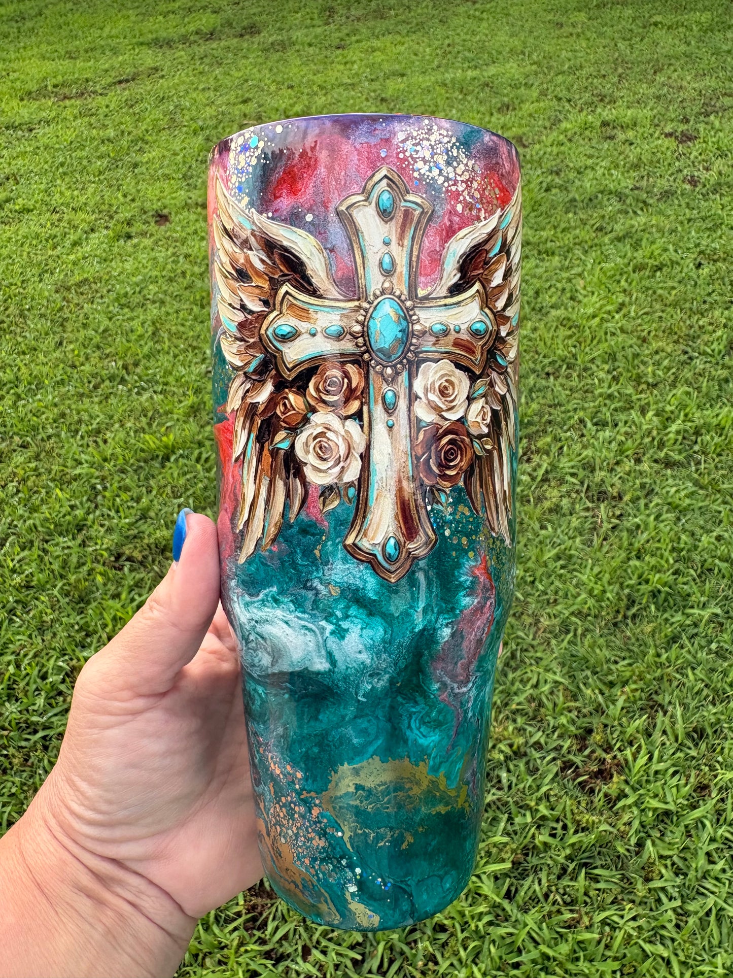 30 oz Handled Winged Turquoise Cross Tumbler