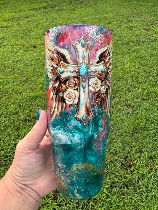 30 oz Handled Winged Turquoise Cross Tumbler