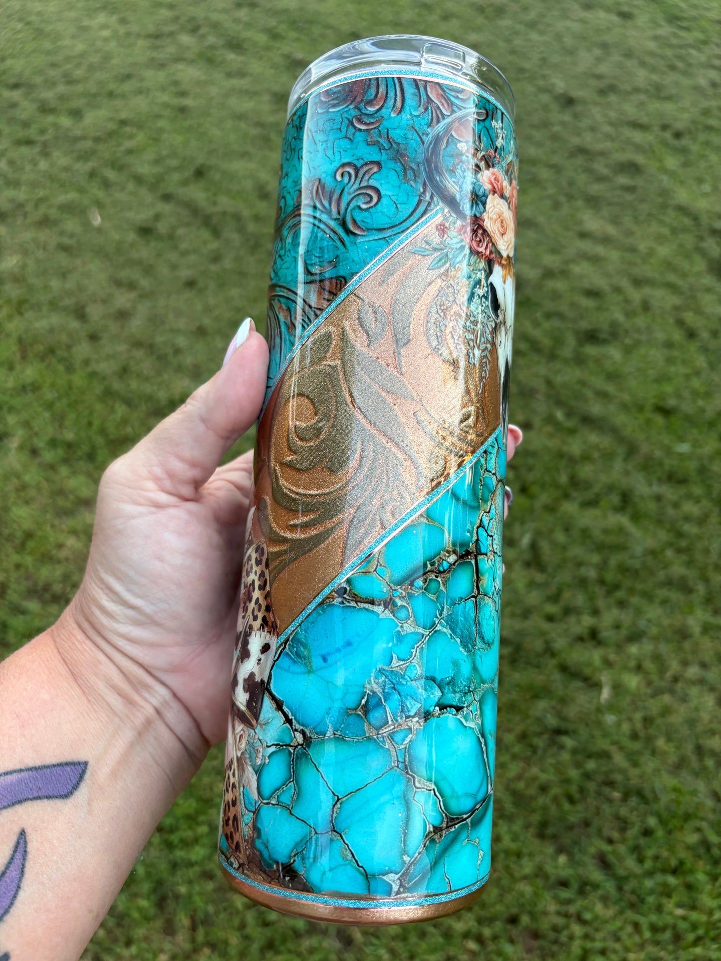 Western Floral Cow Skull Skinny Tumbler | Handmade Turquoise & Bronze Tumbler