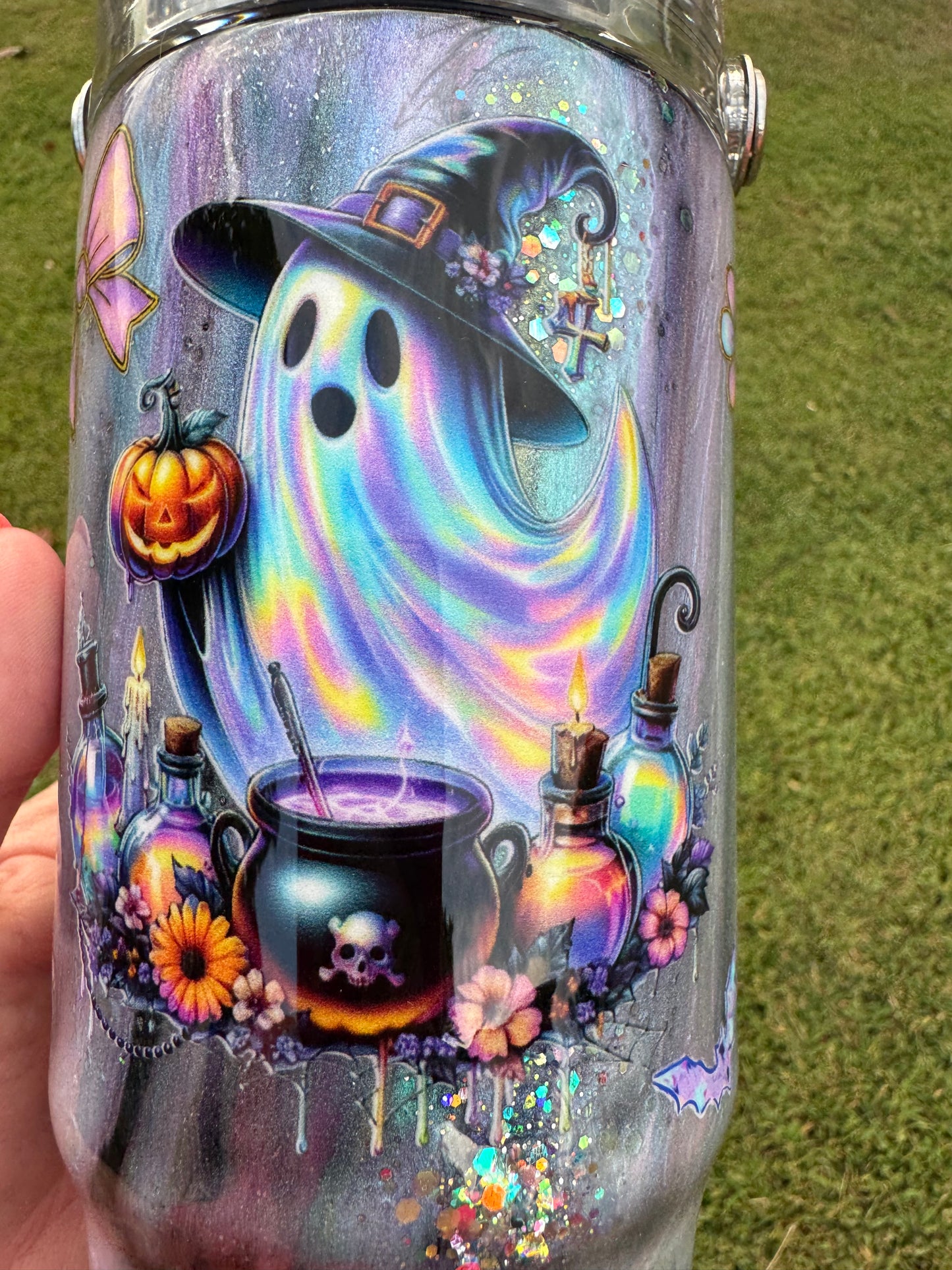 Pastel Rainbow Ghost Witch Halloween Tumbler | Iridescent Glitter