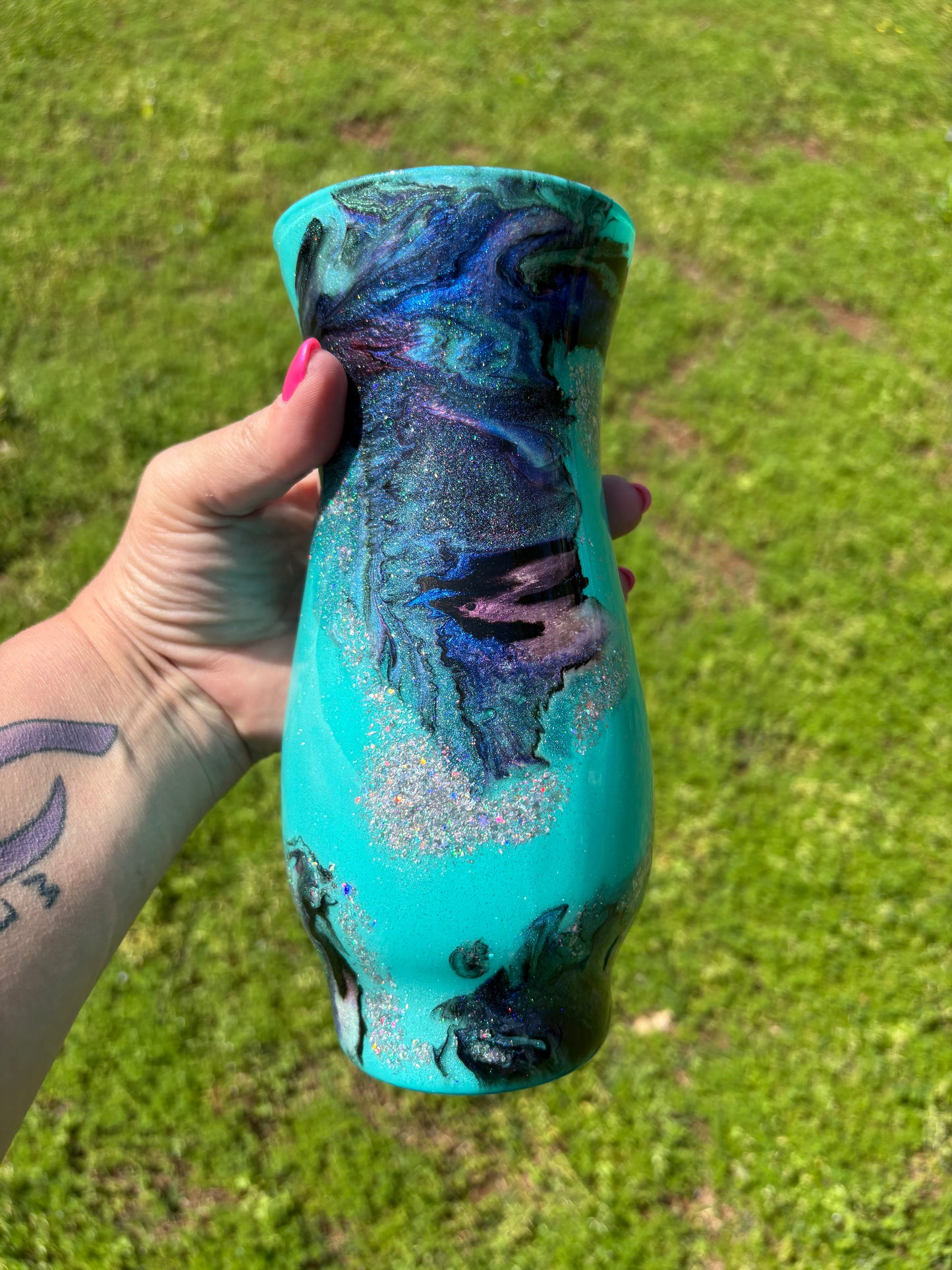 Stunning Handmade Decorative Vase – One of a Kind Teal Shimmer Design