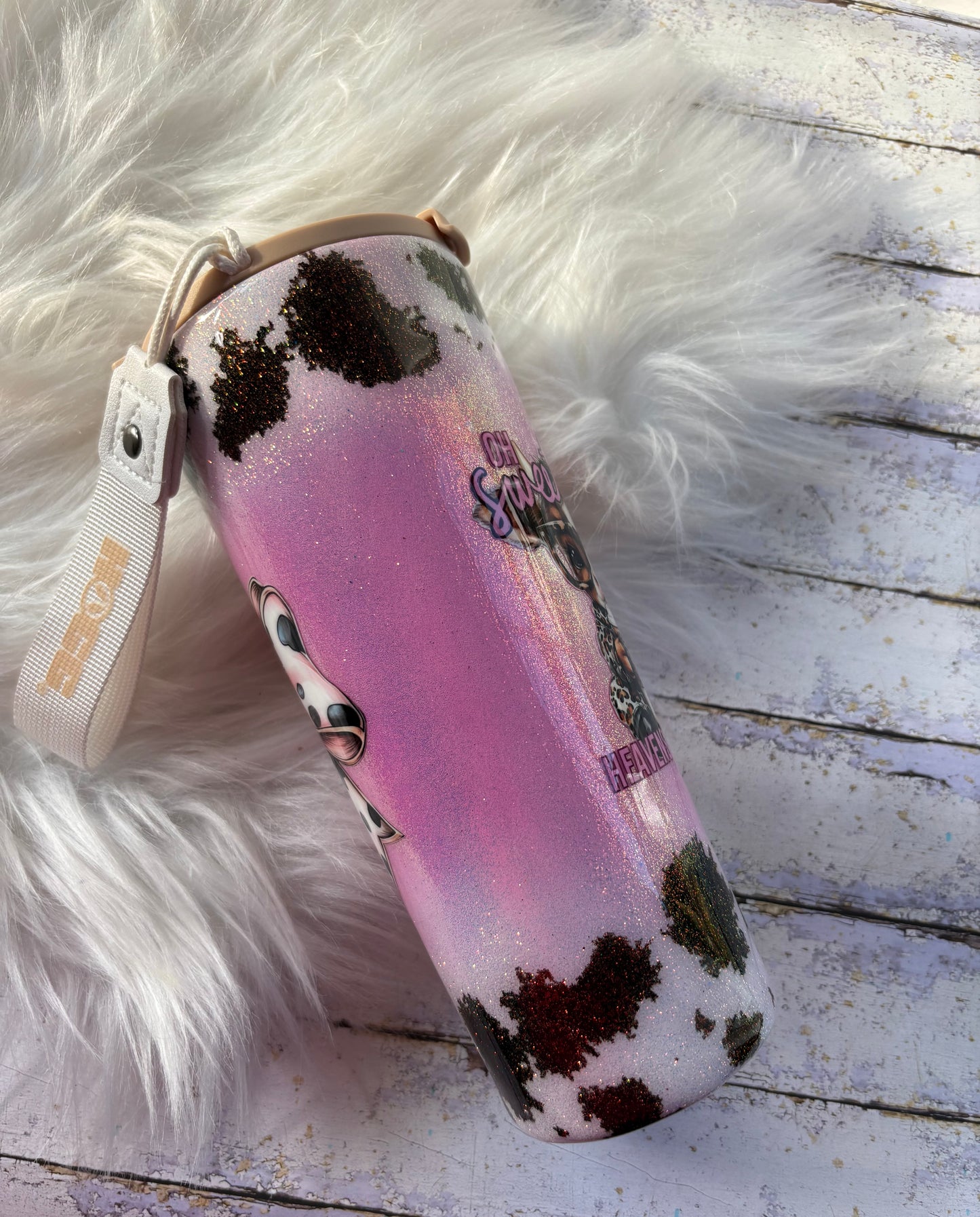 Pink Cow Print Glitter Coffee Tumbler – 20 oz