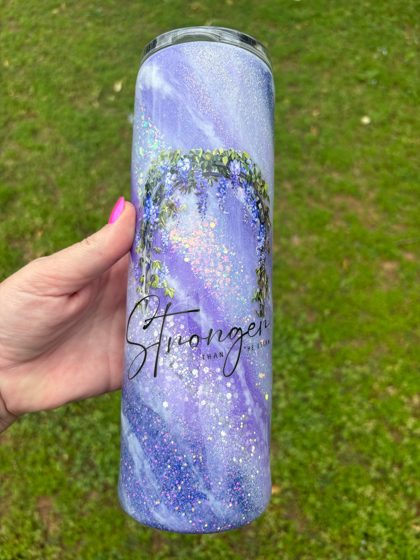 💜✨ 30 oz “Stronger Than the Storm” Wisteria Arch Milky Way Skinny Straight Tumbler ✨💜