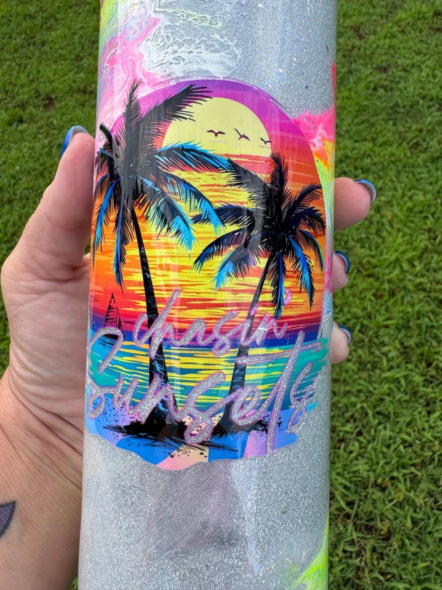 35 oz Tropical Sunset & Rainbow Hibiscus Skinny Tumbler