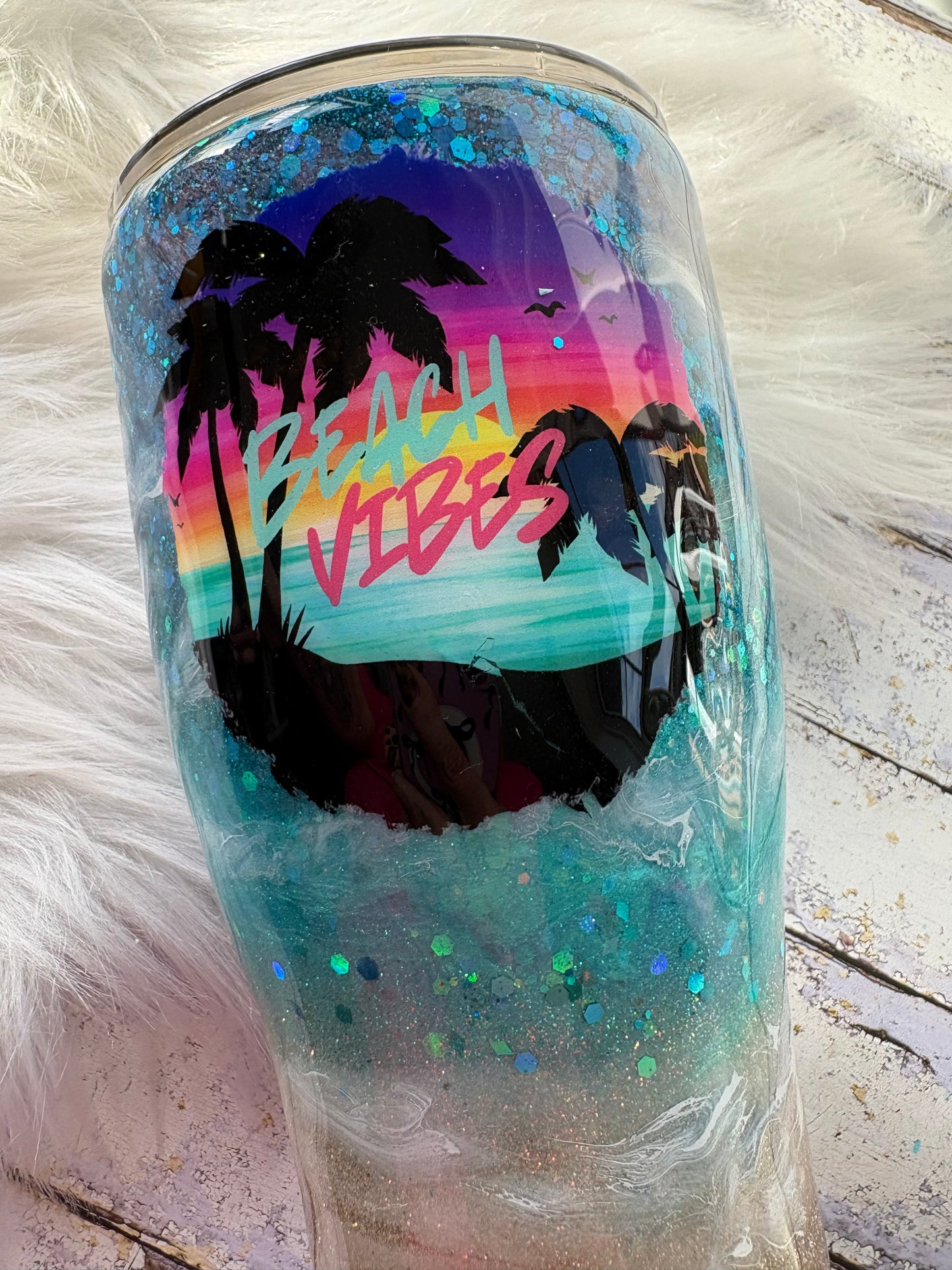 Beach Vibes Glitter Tumbler – 30 oz Coastal Inspired Cup