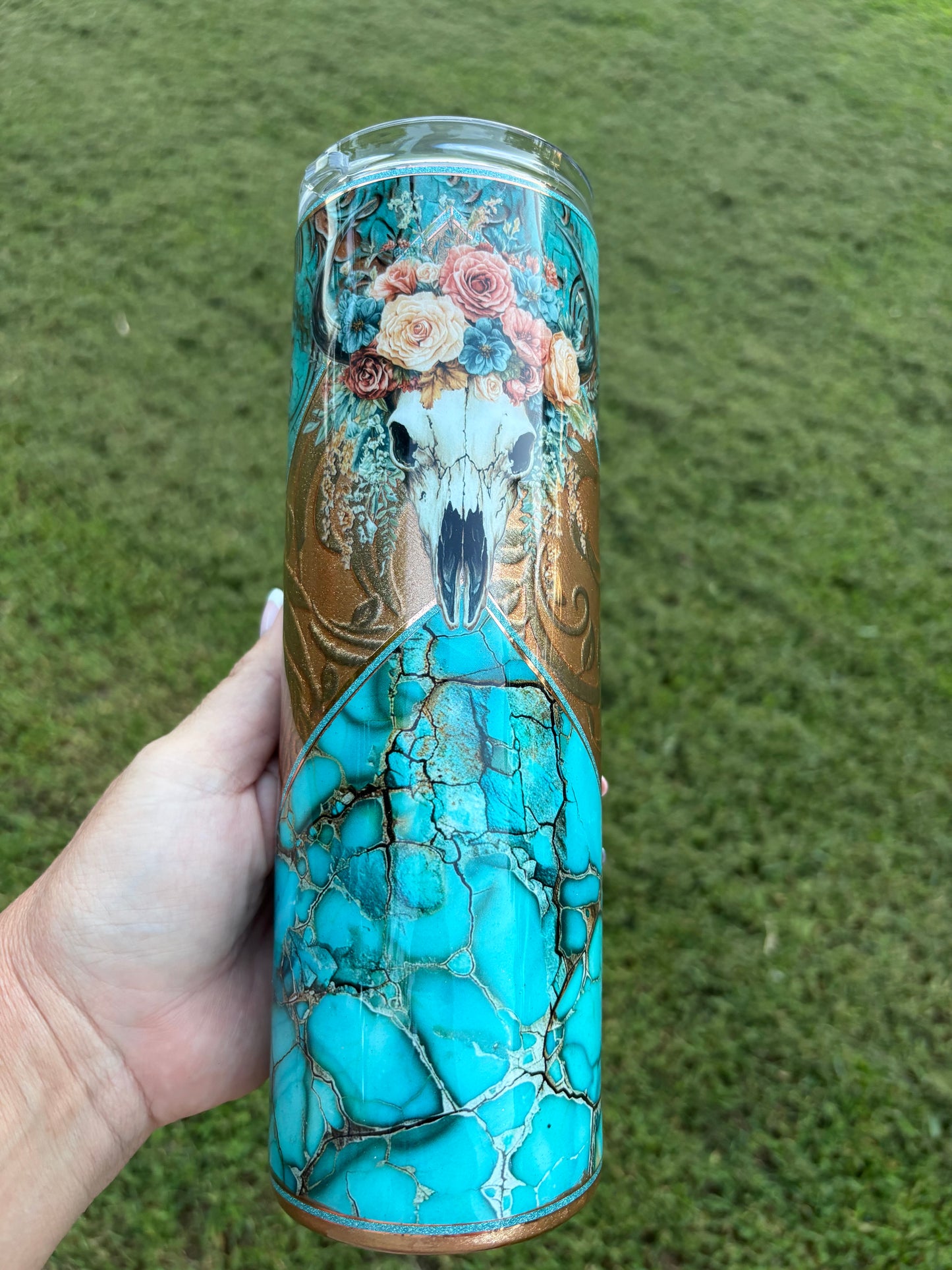 Western Floral Cow Skull Skinny Tumbler | Handmade Turquoise & Bronze Tumbler